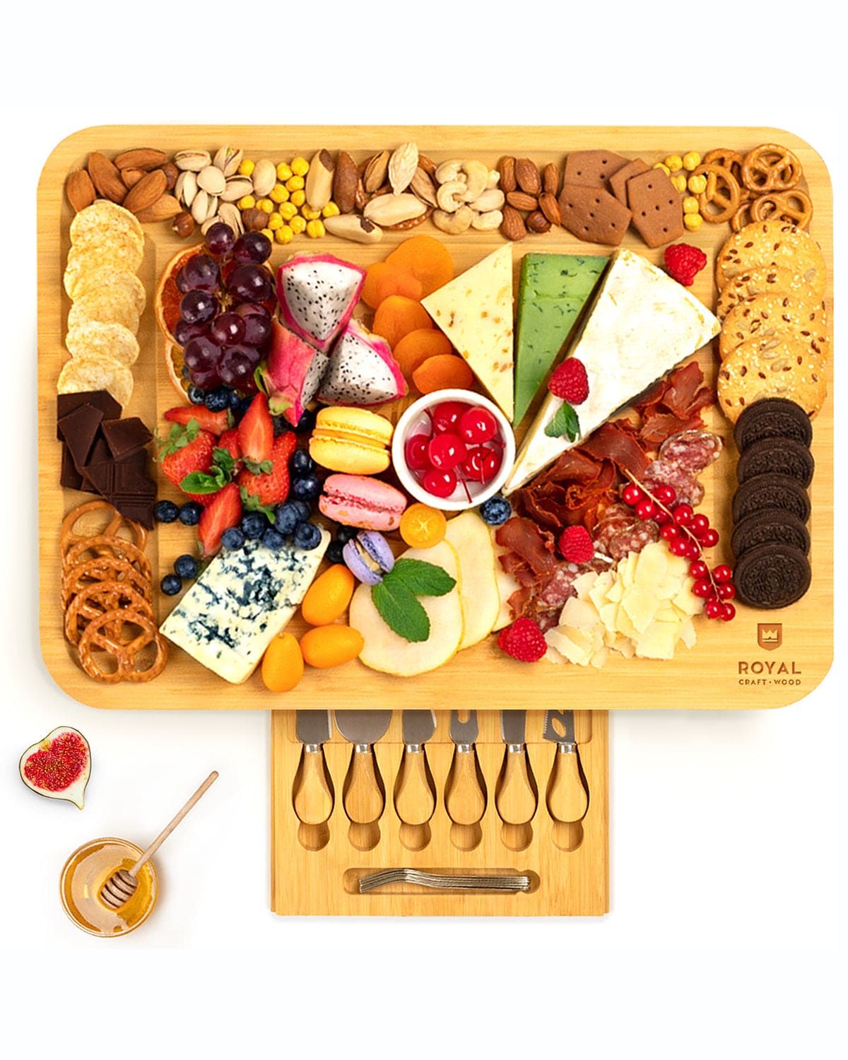 Bamboo Serving Board with Slide-Out Cutlery — 17.5 × 13 in