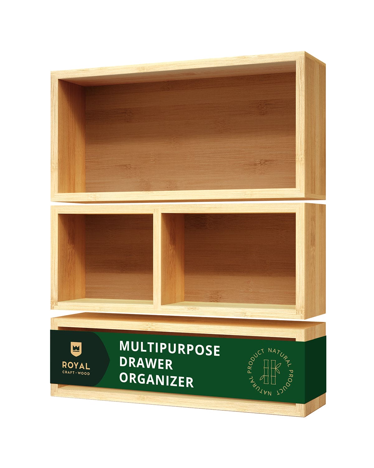 Three natural bamboo organizer trays in different sizes