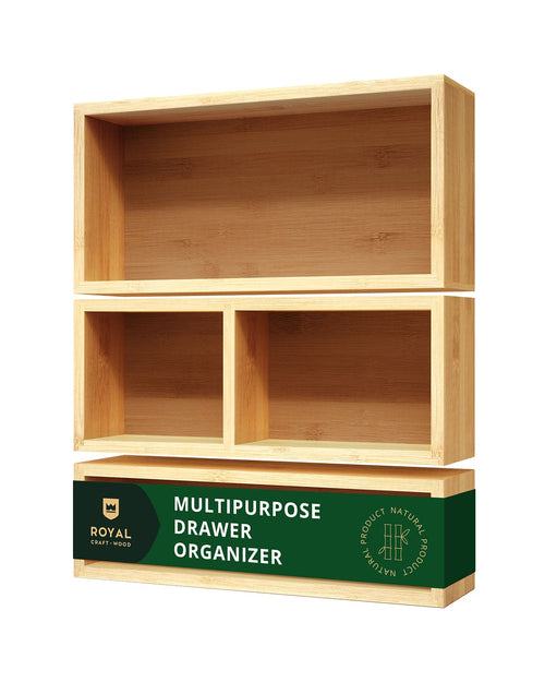 Three natural bamboo organizer trays in different sizes