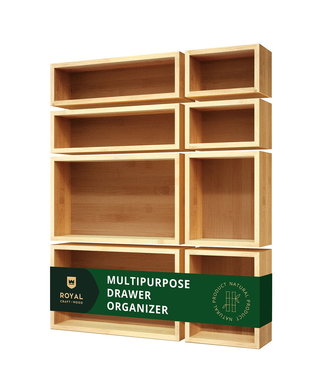 Eight natural bamboo storage trays arranged as a modular drawer organizer