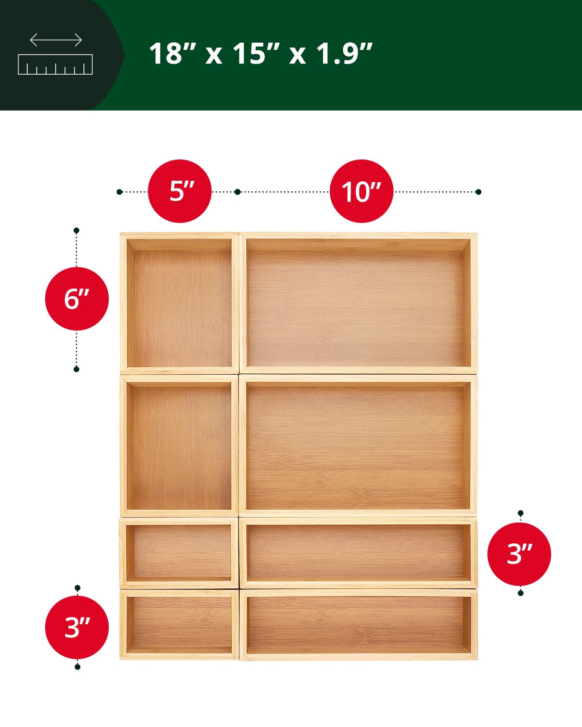 Eight natural bamboo storage trays arranged as a modular drawer organizer — supplier view 2