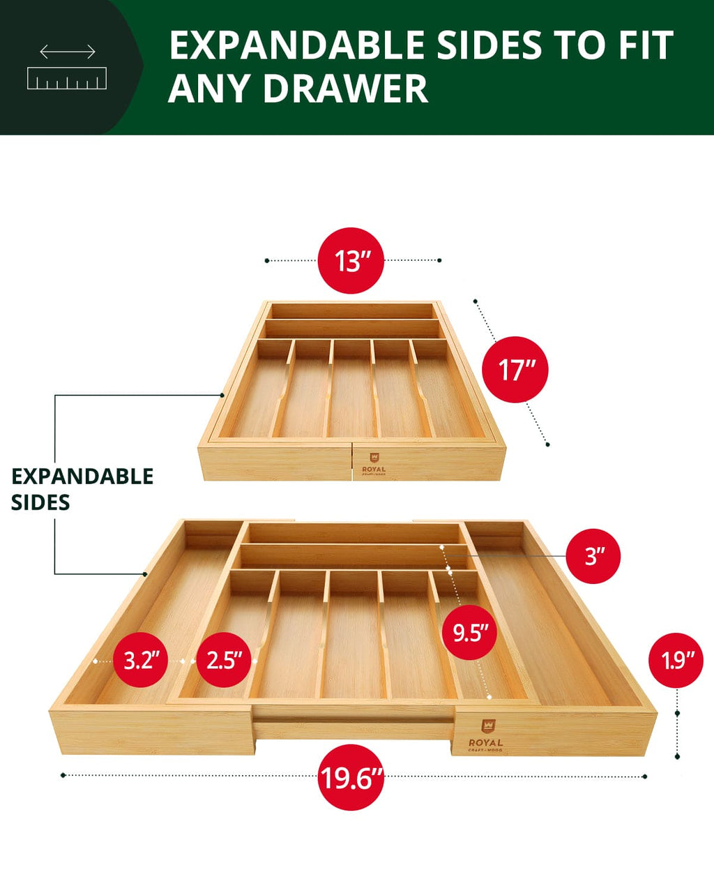 Natural bamboo cutlery organizer with sliding expandable side compartments — supplier view 9