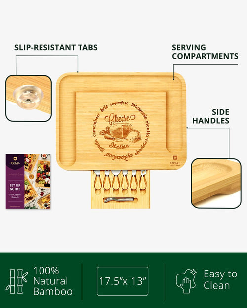 Bamboo Serving Board with Slide-Out Cutlery — 17.5 × 13 in: Supplier diagram of the board's features and underside.