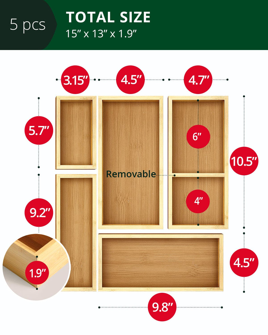 Modular Bamboo Drawer Trays — Set of 5