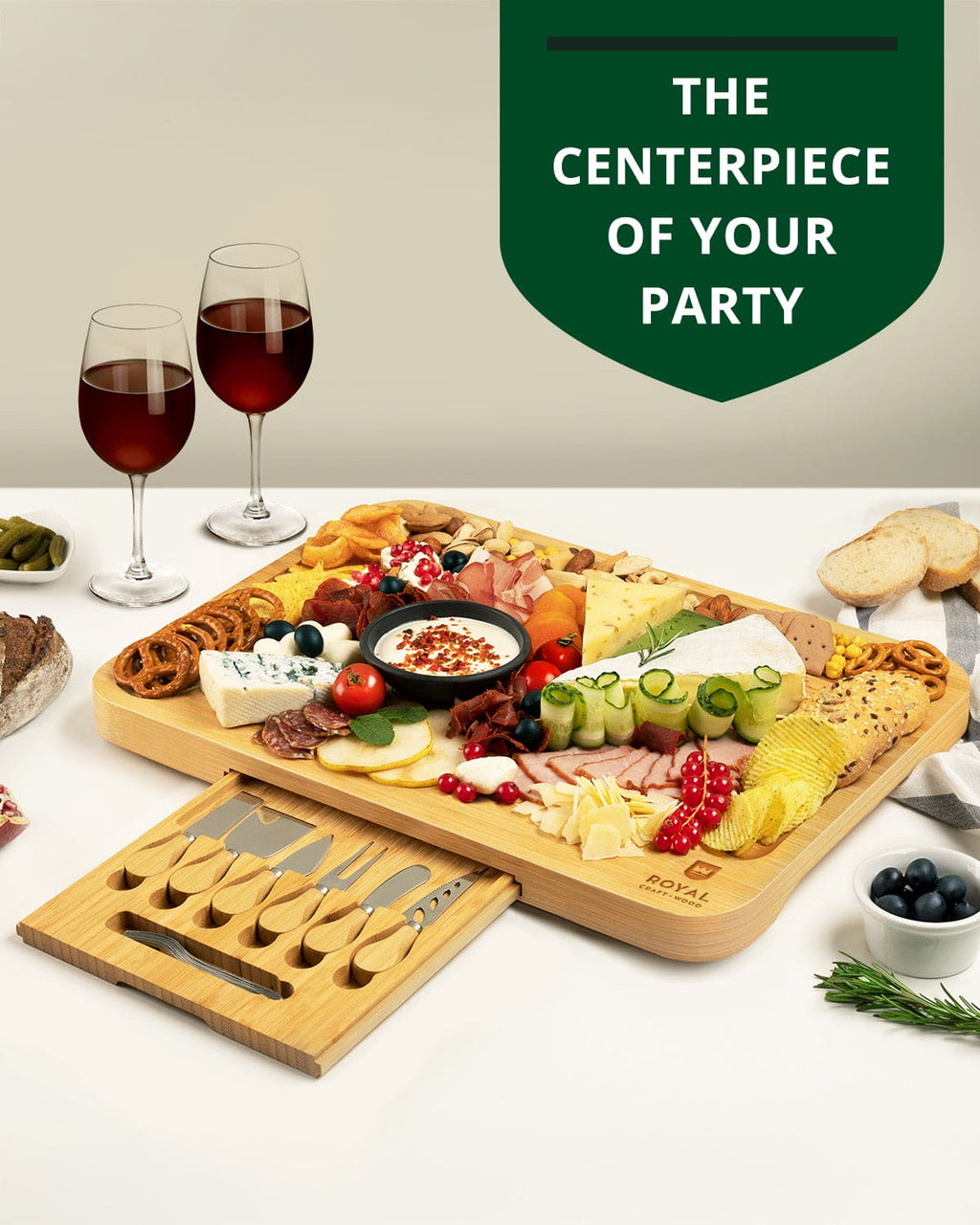 Bamboo Serving Board with Slide-Out Cutlery — 17.5 × 13 in