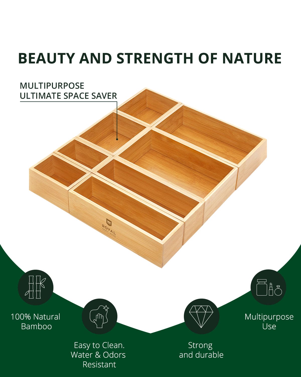 Eight natural bamboo storage trays arranged as a modular drawer organizer — supplier view 3
