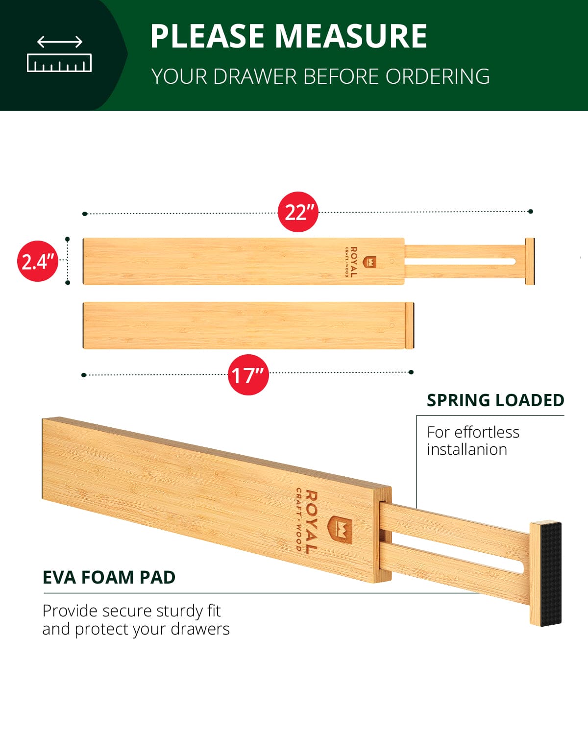 Expandable Bamboo Drawer Dividers — 17–22 in