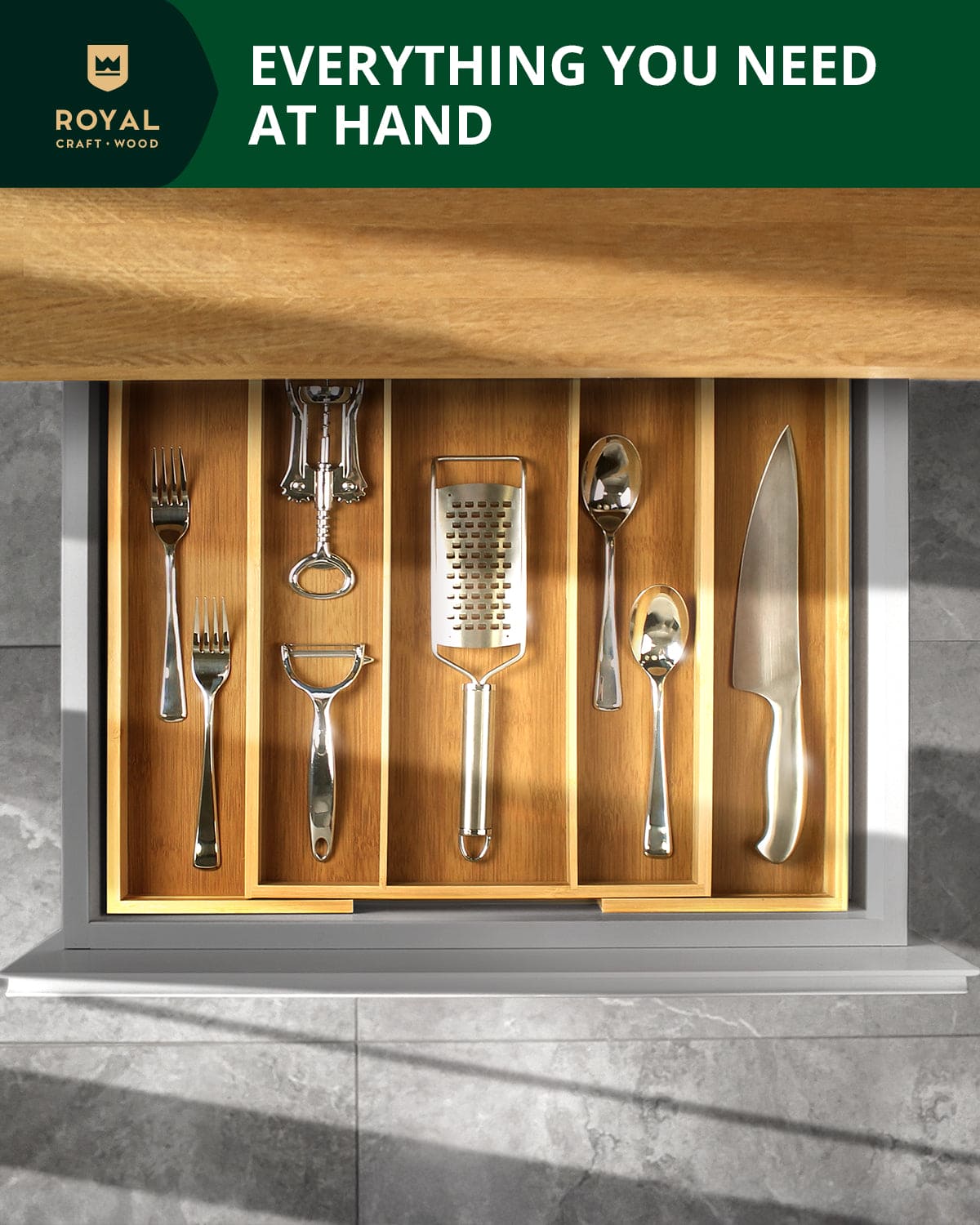 Expandable Bamboo Utensil Organizer — 3–5 Compartments