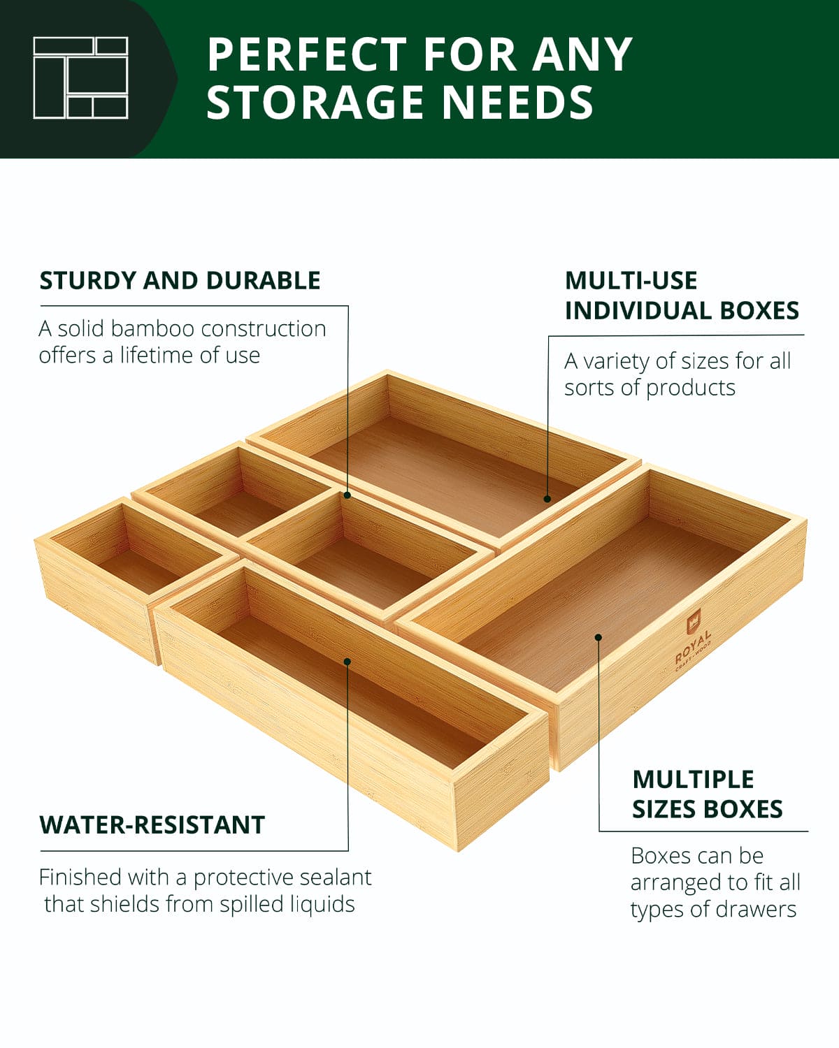 Modular Bamboo Drawer Trays — Set of 5