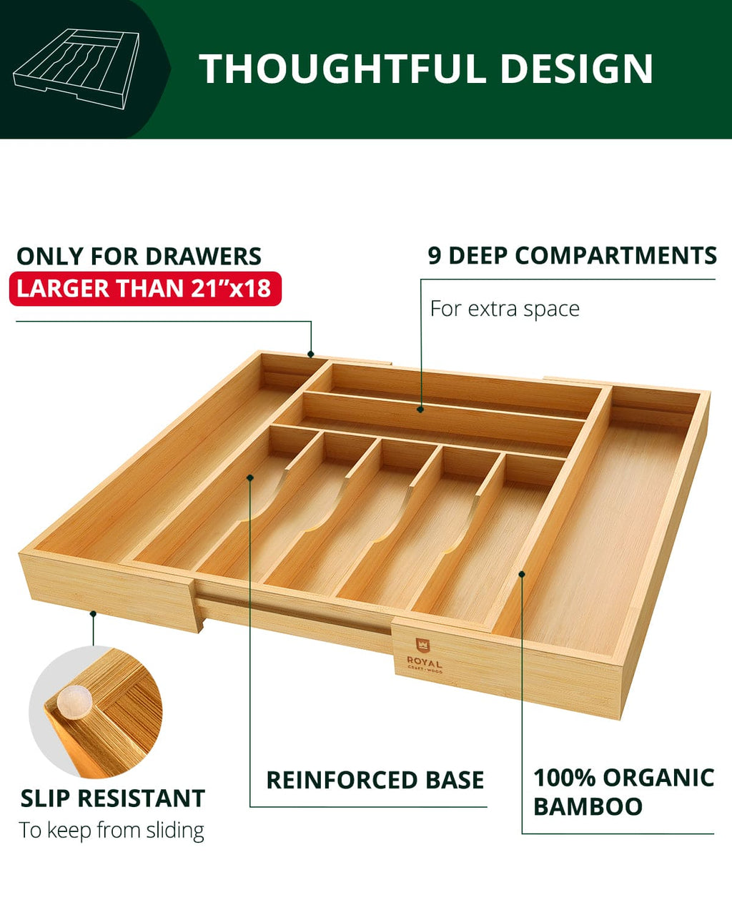 Natural bamboo cutlery organizer with sliding expandable side compartments — supplier view 7