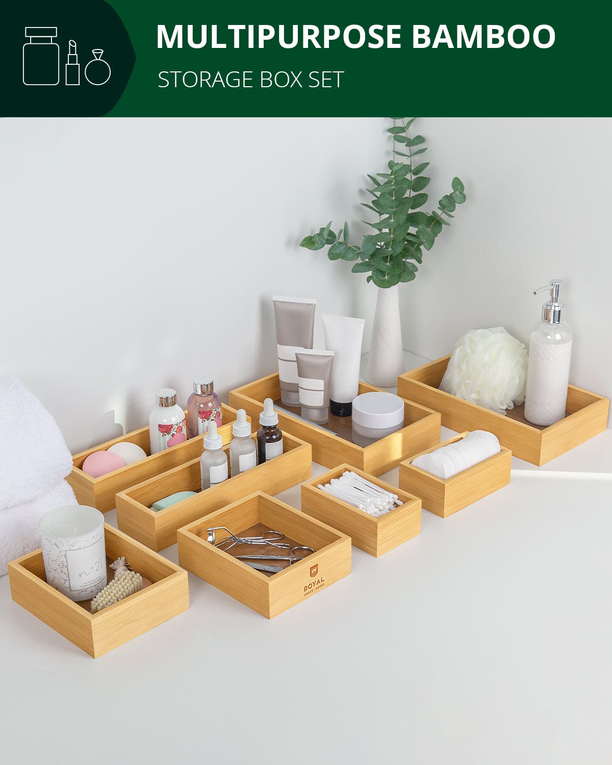 Eight natural bamboo storage trays arranged as a modular drawer organizer — supplier view 4