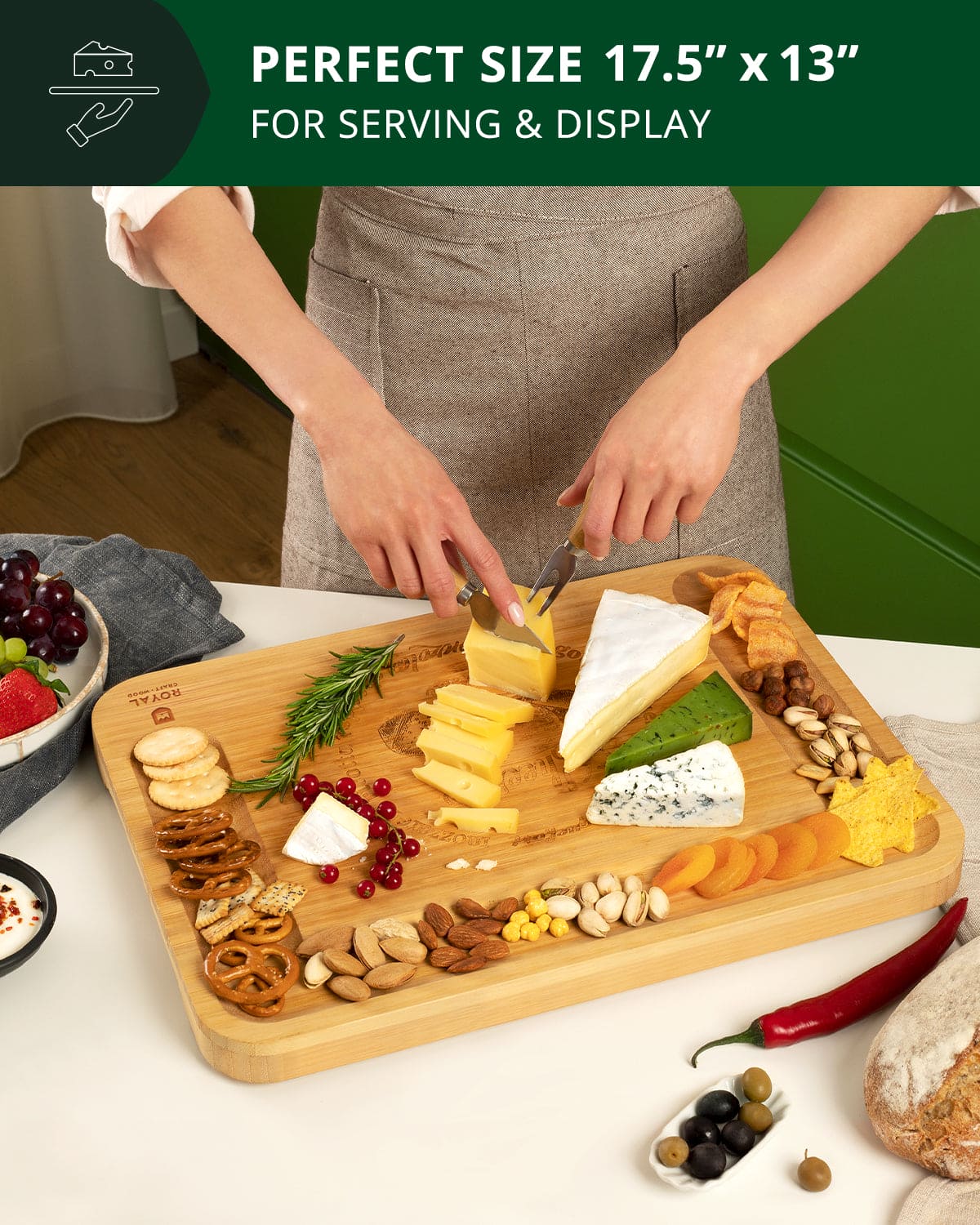 Bamboo Serving Board with Slide-Out Cutlery — 17.5 × 13 in