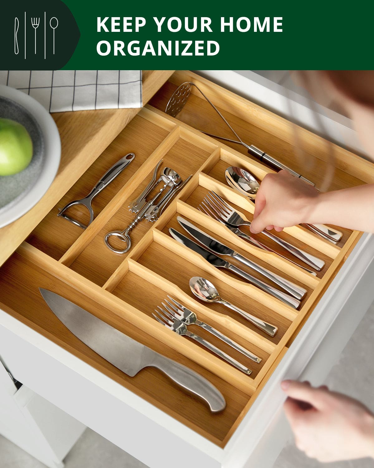 Natural bamboo cutlery organizer with sliding expandable side compartments — supplier view 6