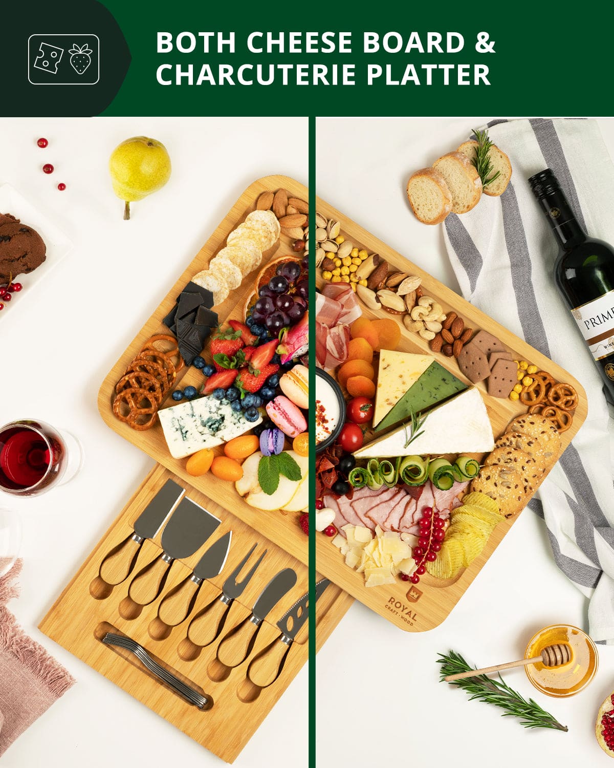 Bamboo Serving Board with Slide-Out Cutlery — 17.5 × 13 in