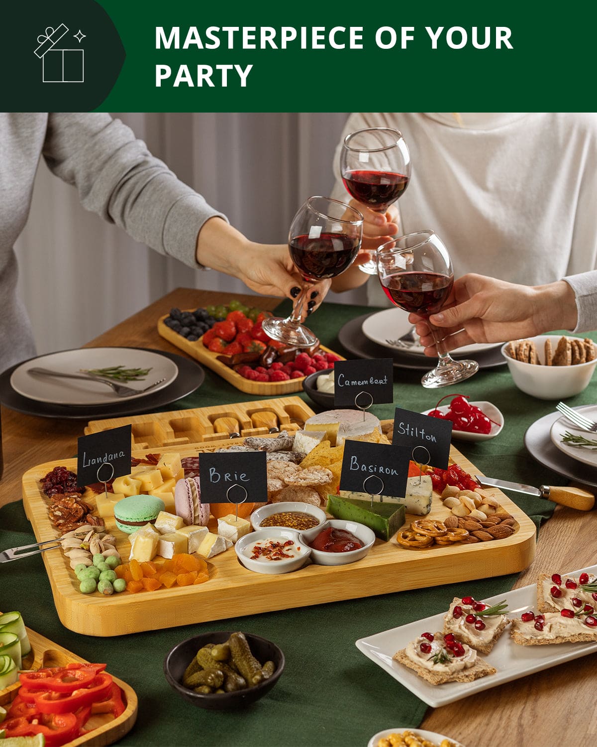 Royal Craft Wood bamboo serving board with side trays, arranged with cheese and fruit.