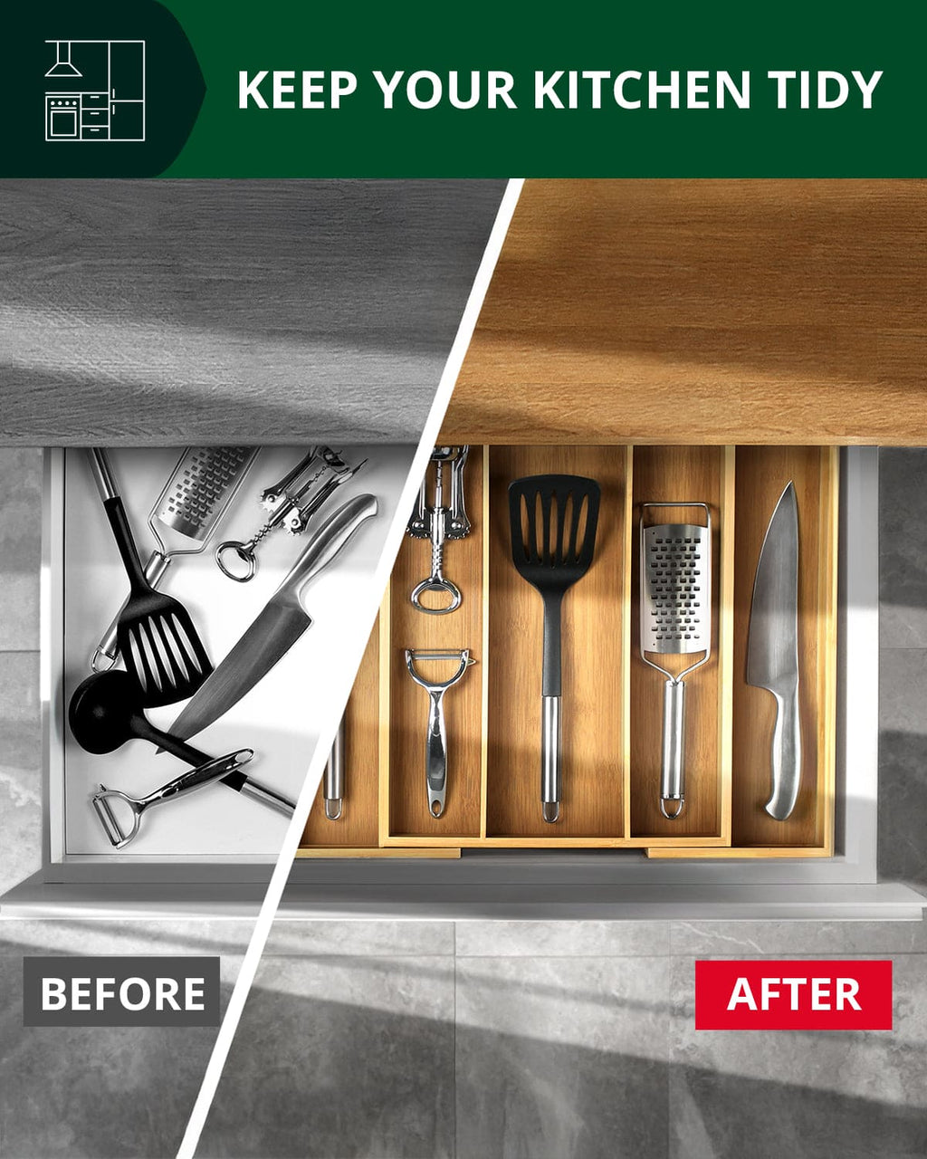 Expandable Bamboo Utensil Organizer — 3–5 Compartments