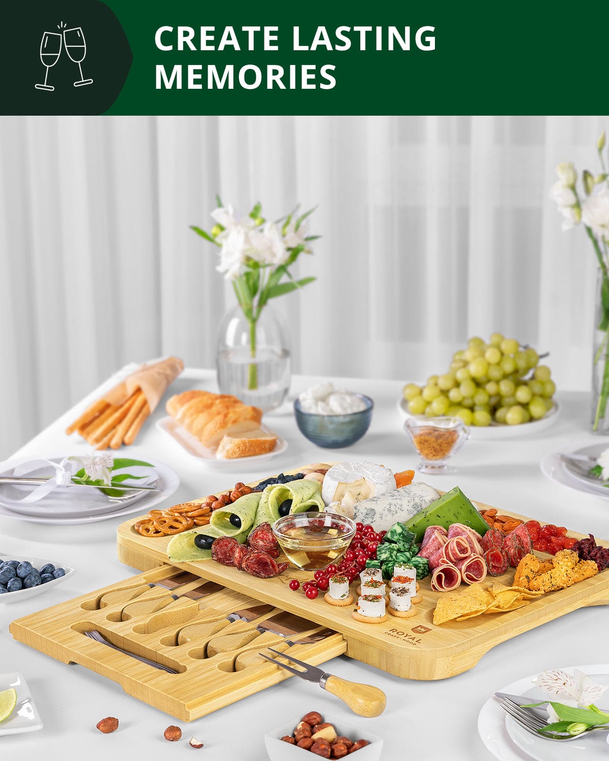 Bamboo Serving Board with Slide-Out Cutlery — 17.5 × 13 in