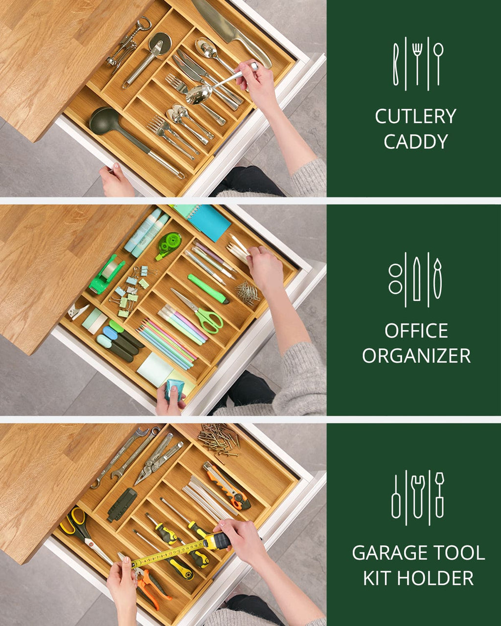 Natural bamboo cutlery organizer with sliding expandable side compartments — supplier view 5