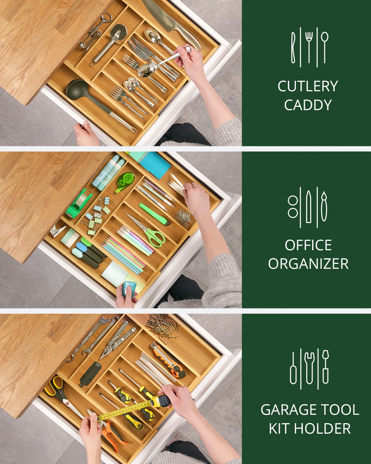 Natural bamboo cutlery organizer with sliding expandable side compartments — supplier view 5