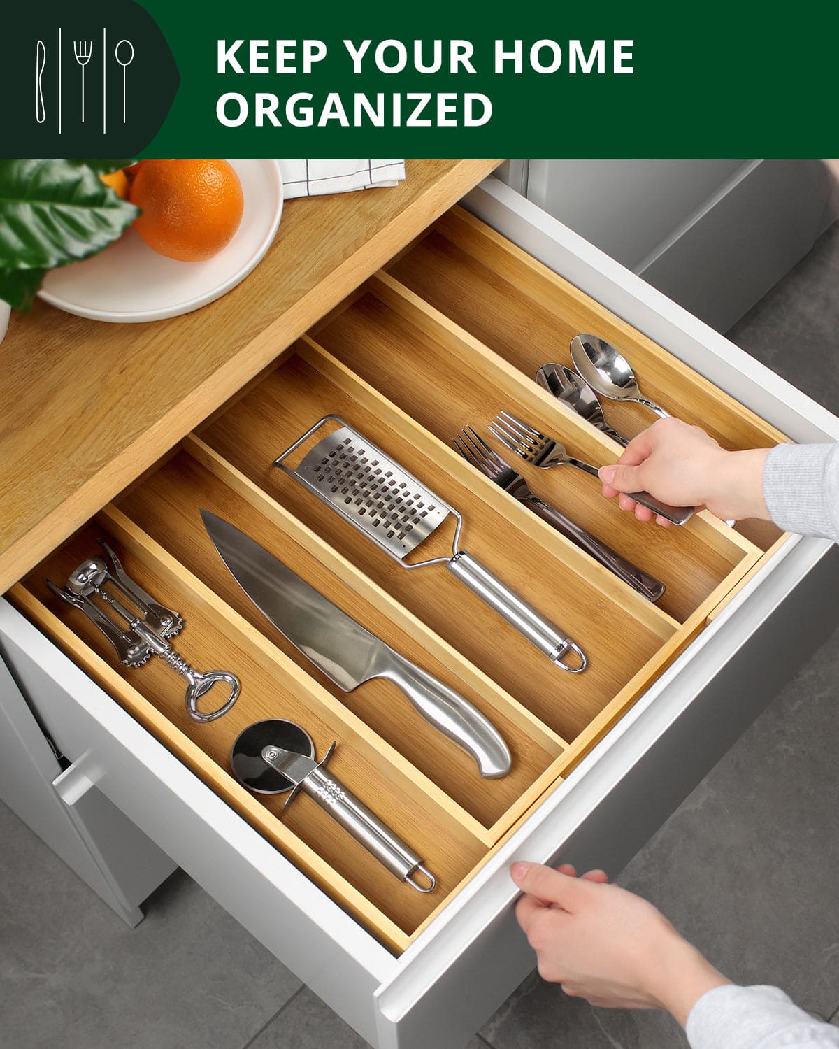Expandable Bamboo Utensil Organizer — 3–5 Compartments