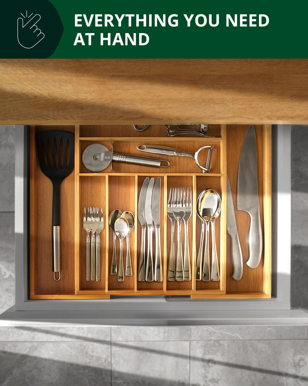 Natural bamboo cutlery organizer with sliding expandable side compartments — supplier view 3