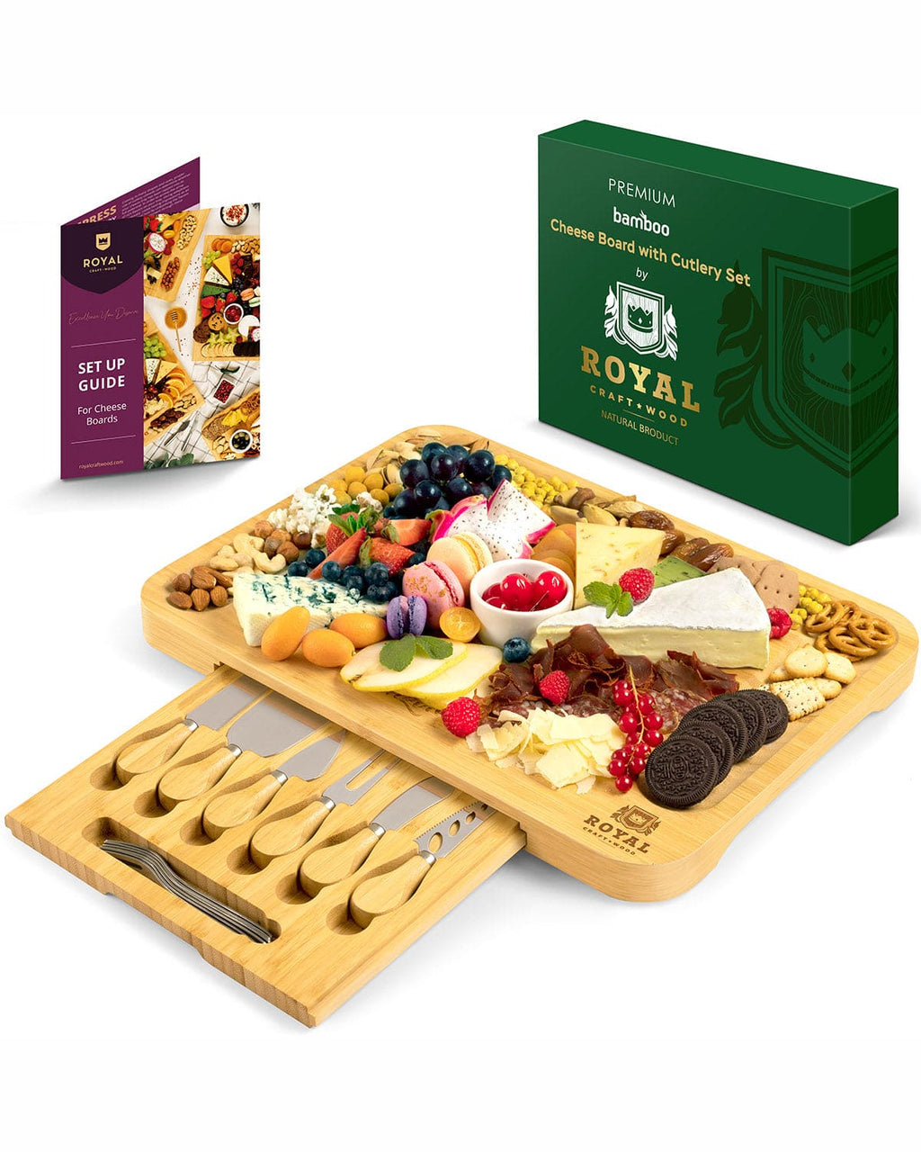 Bamboo Serving Board with Slide-Out Cutlery — 17.5 × 13 in