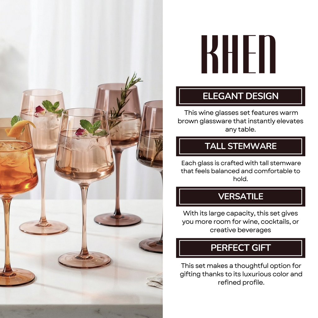 Venus Brown Wine Glasses — Set of 6: Brown wine glasses with a supplier feature and gift graphic.