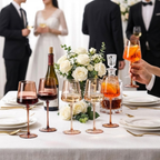 Venus Brown Wine Glasses — Set of 6: Brown wine glasses on a formal table with servers nearby.