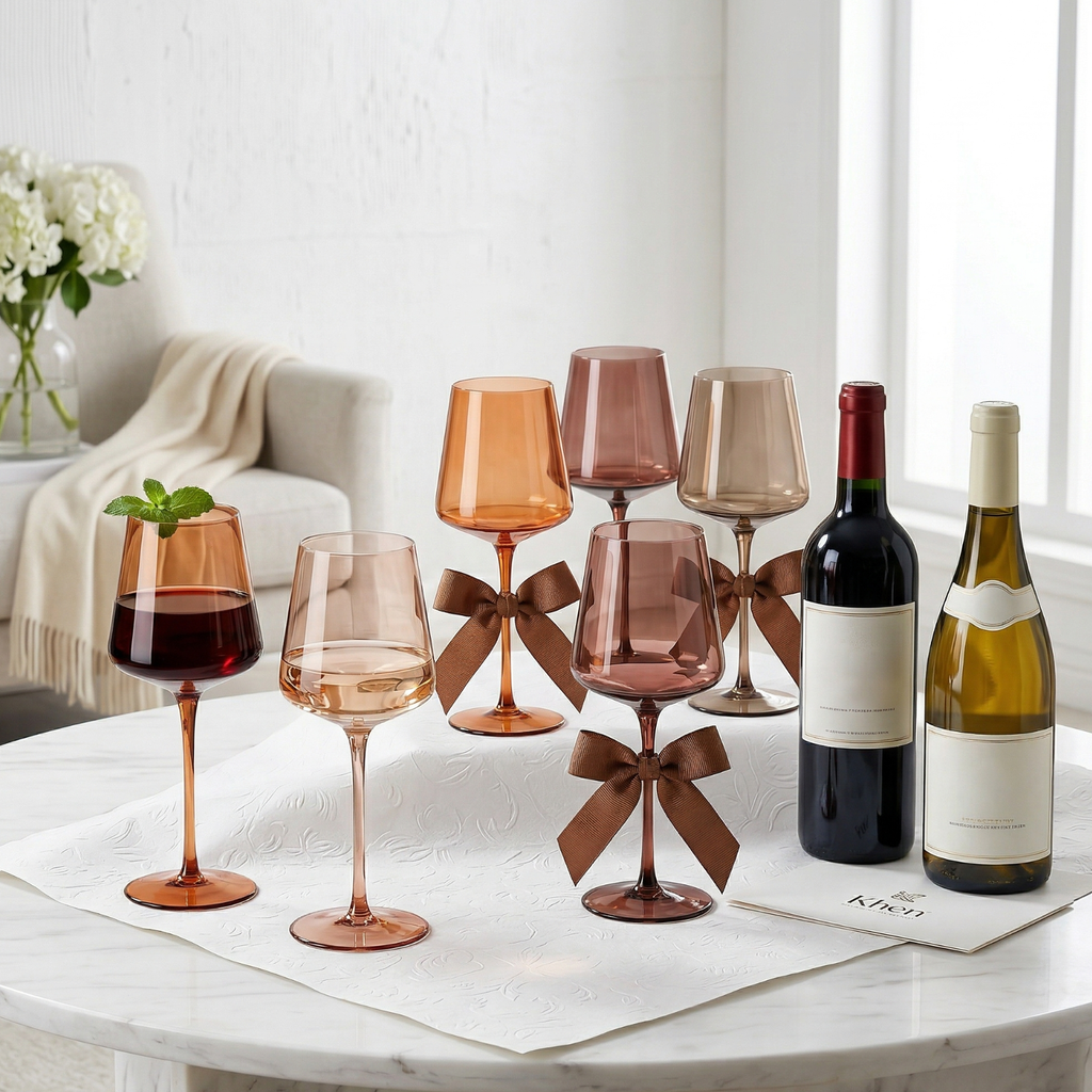 Venus Brown Wine Glasses — Set of 6: Brown wine glasses beside wine and flowers on a dining table.