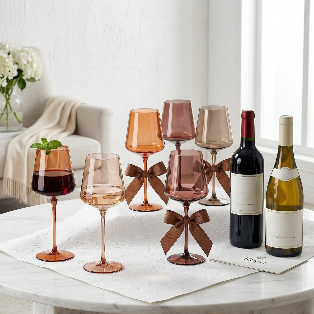 Venus Brown Wine Glasses — Set of 6: Brown wine glasses beside wine and flowers on a dining table.