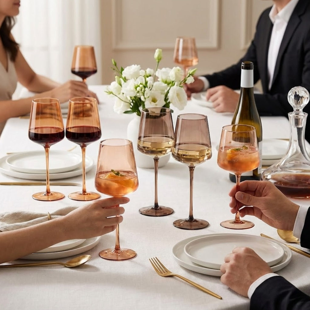 Venus Brown Wine Glasses — Set of 6: People using brown wine glasses at a meal.