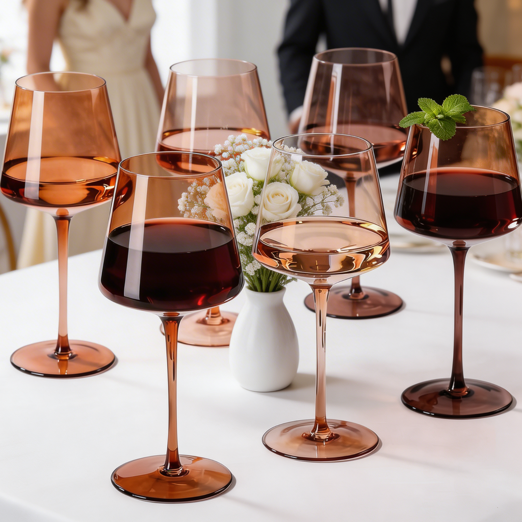 Venus Brown Wine Glasses — Set of 6: Close-up of brown wine glasses and a wine bottle.