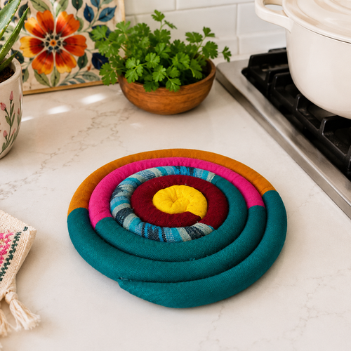 Bloom Spiral Trivet - Large: Bright multicolored spiral trivet beside cookware.