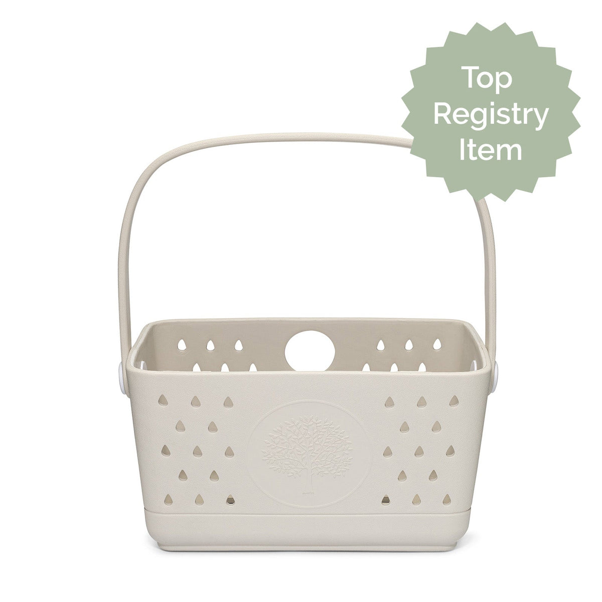 Drainable EVA Bath & Shower Caddy: Cream bath caddy with perforated sides and carrying handle.
