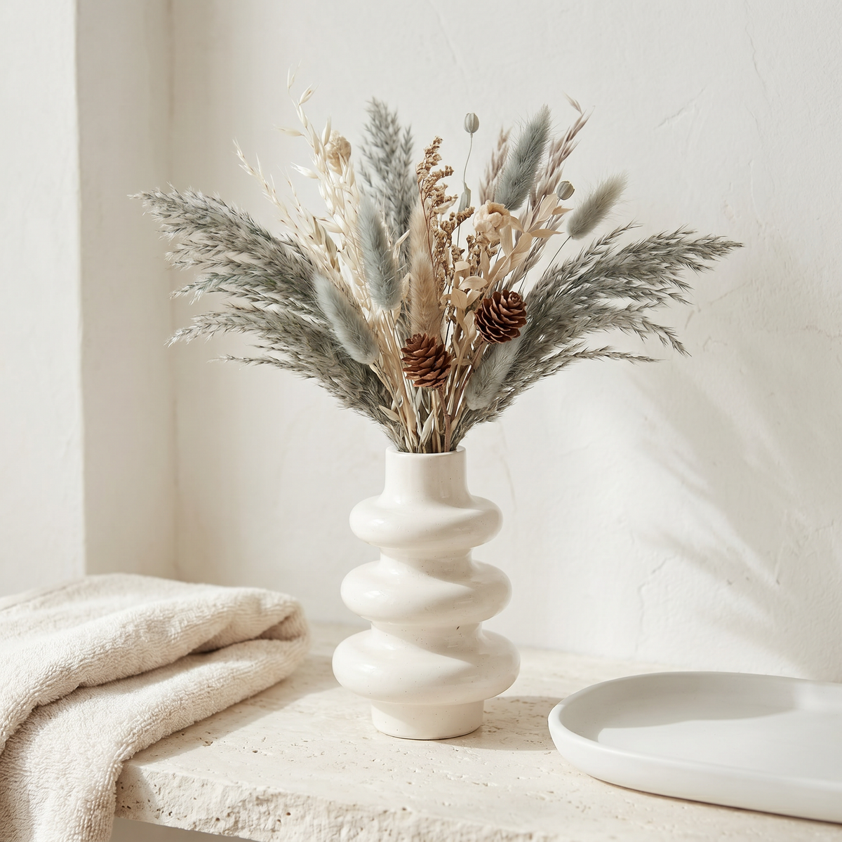 Stacked Bubble Gypsum Vase — White, 5 in: White bubble vase with a dried floral arrangement beside folded fabric.