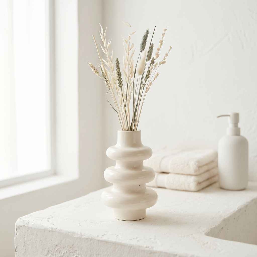 Stacked Bubble Gypsum Vase — White, 5 in: Bubble vase holding dried stems on a shelf.