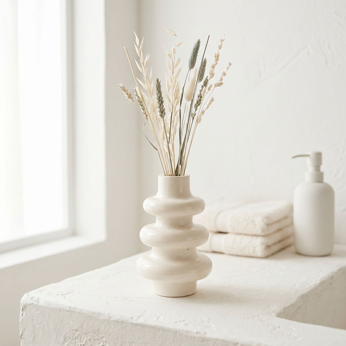 Stacked Bubble Gypsum Vase — White, 5 in: Bubble vase holding dried stems on a shelf.