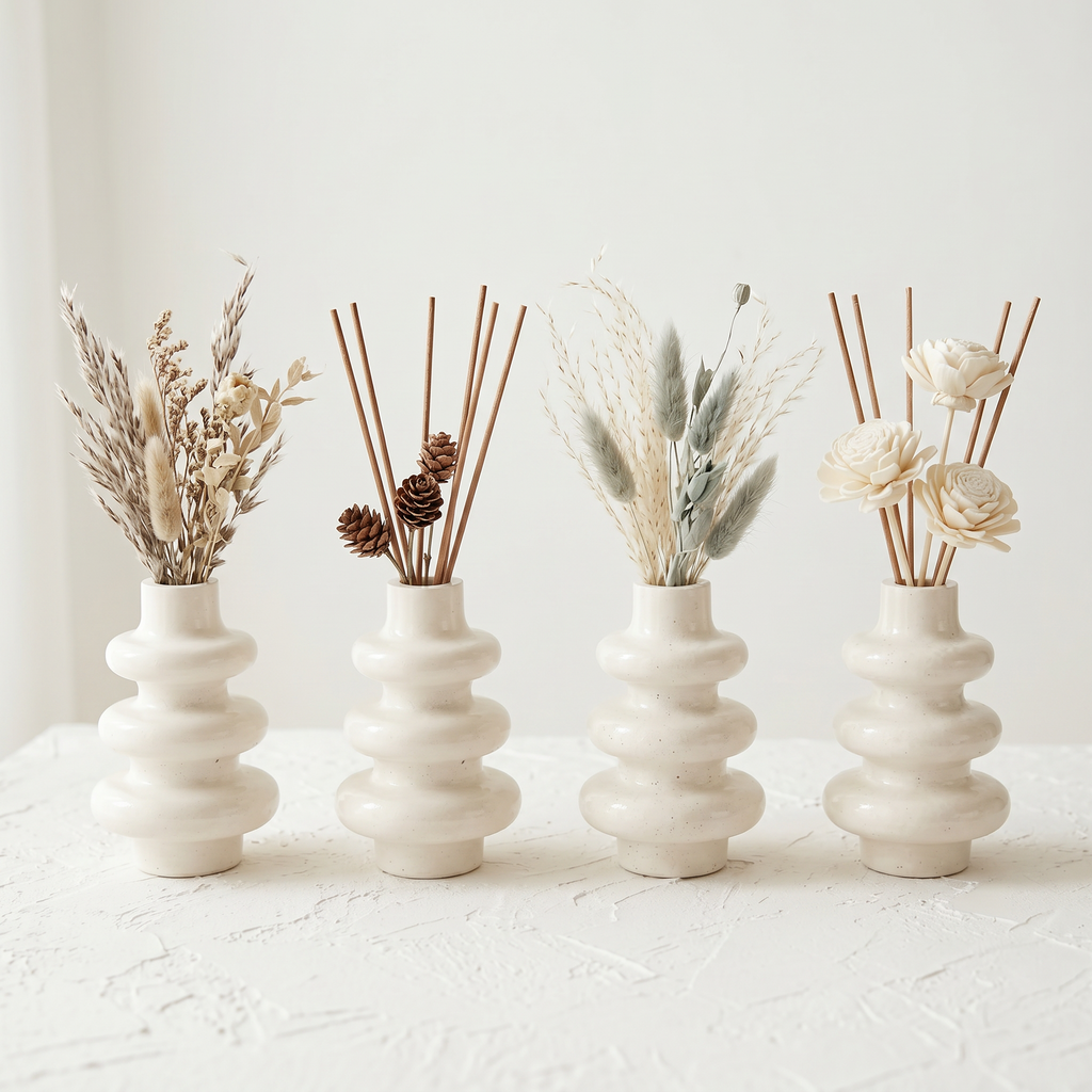 Stacked Bubble Gypsum Vase — White, 5 in: Row of white bubble vases with different dried stems.
