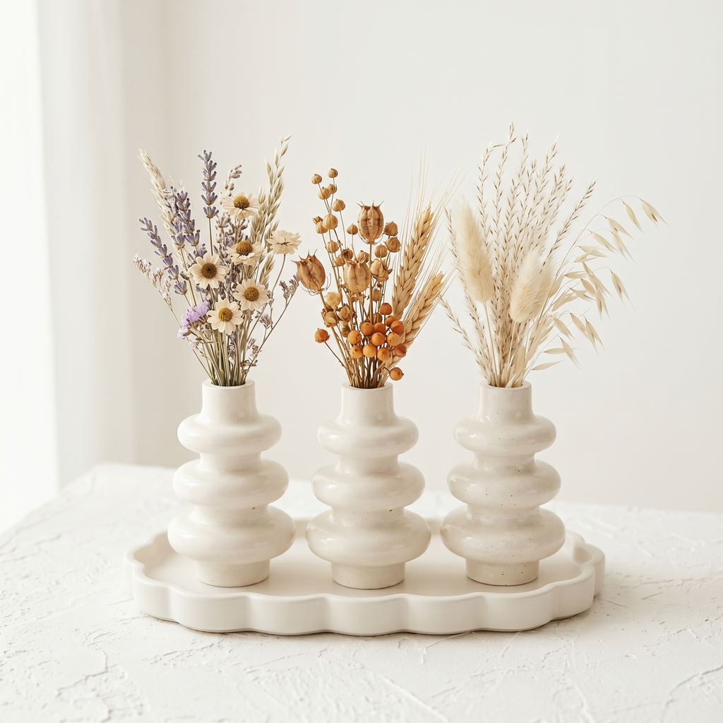 Stacked Bubble Gypsum Vase — White, 5 in: Several white bubble vases holding dried flower arrangements.